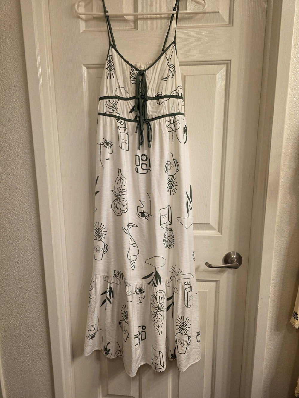 Blu Pepper White Maxi Dress with Olive Green Print and Tie Front